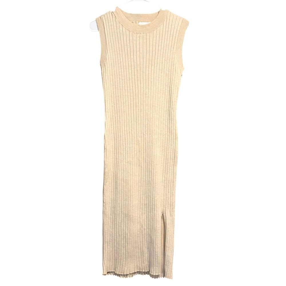 Olive + Oak XL Beige Ribbed Knit Midi Dress Sleeveless Side Slit Stretch